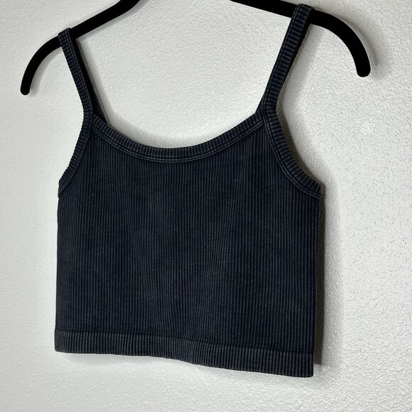 Forever 21 Faded Black Ribbed Square Neck Spaghetti Strap Crop Tank Top S / M - Picture 2 of 9